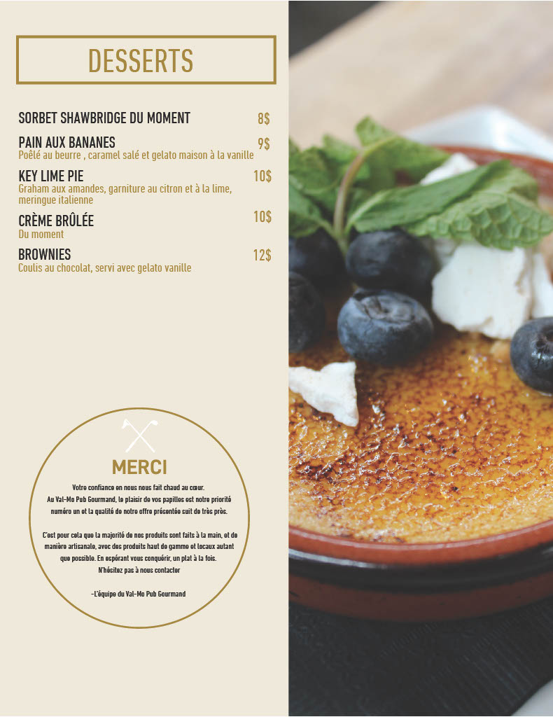 Restaurant-terrace Menu dessert du Valmo au Club de Golf Val-Morin