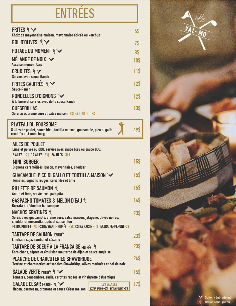 Restaurant-terrace Menu entrées du Valmo au Club de Golf Val-Morin