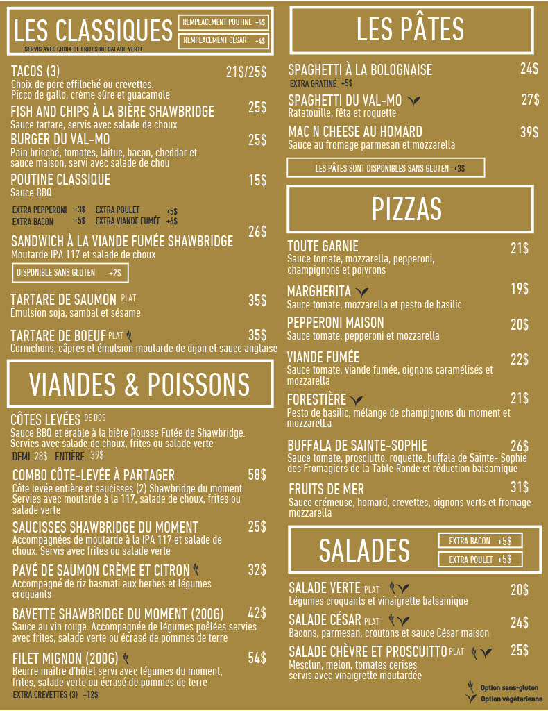 Restaurant-terrace Menu repas du Valmo au Club de Golf Val-Morin