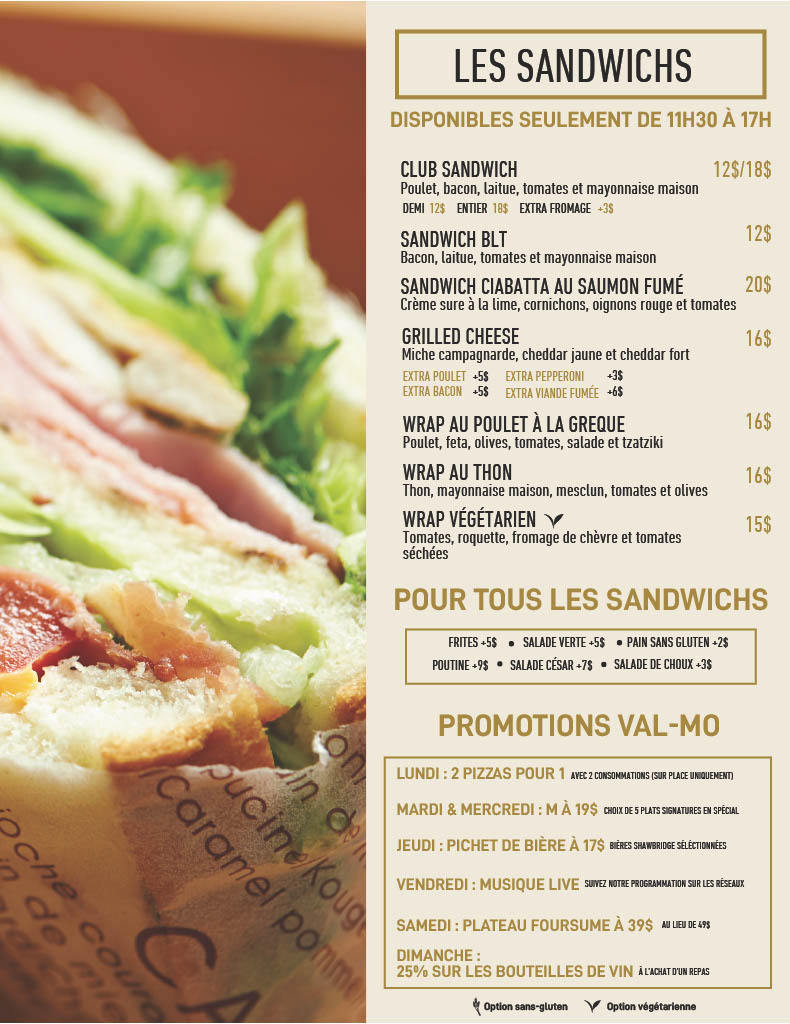 Restaurant-terrace Menu sandwich du Valmo au Club de Golf Val-morin